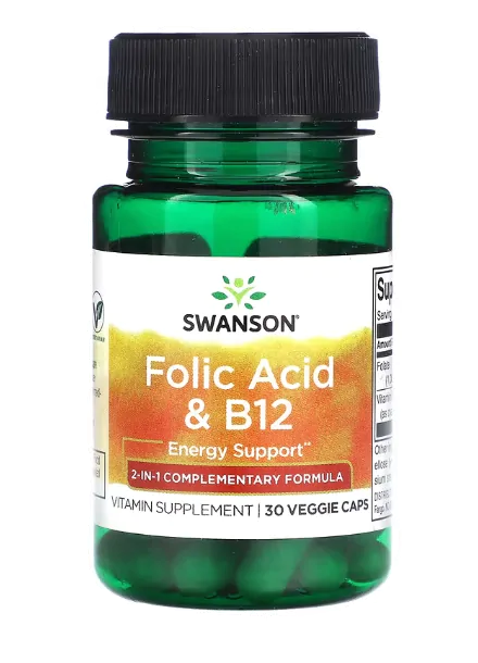 Vitaminas Ácido Fólico e B12 — 30 Cápsulas — Swanson