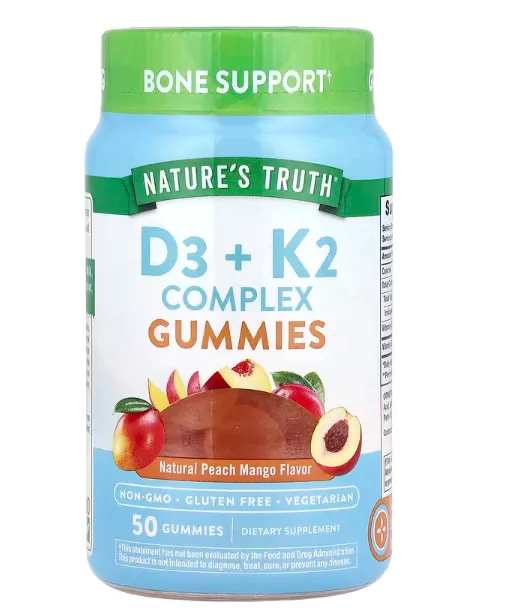 Vitaminas Vitamina D3 5000UI + K2 100mcg Complex — 50 Gummies Sabor Pêssego e Manga — Nature's Truth