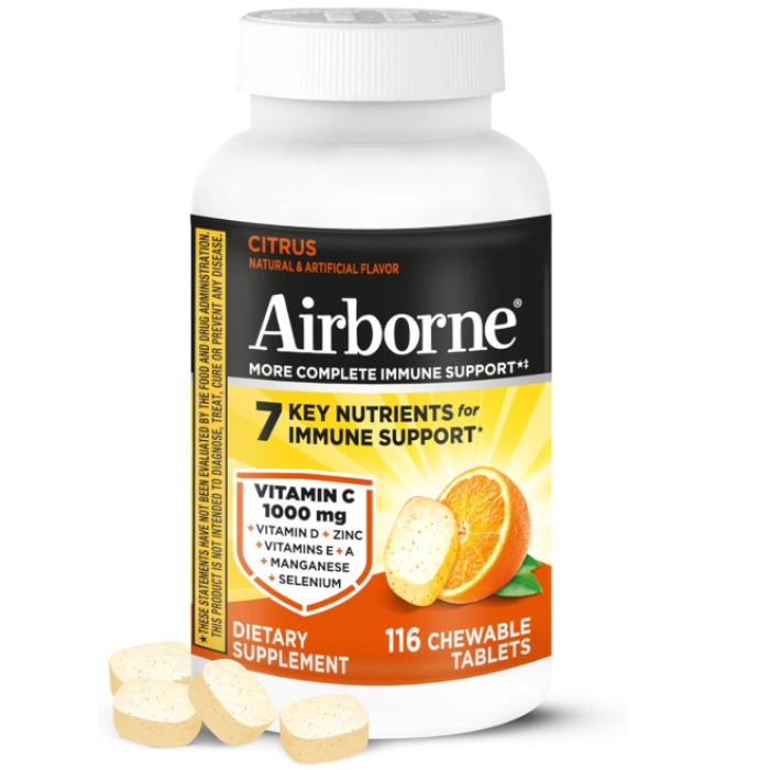 Vitamina C 1000mg · com Vitaminas ACE | Zinco | Selênio | Equinácea | Gengibre e Antioxidantes | 116 Comprimidos sabor Cítrico — Airborne