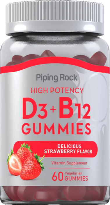 Vitaminas Vitamina D3 + B12 — 60 Gomas Sabor Morango — PipingRock