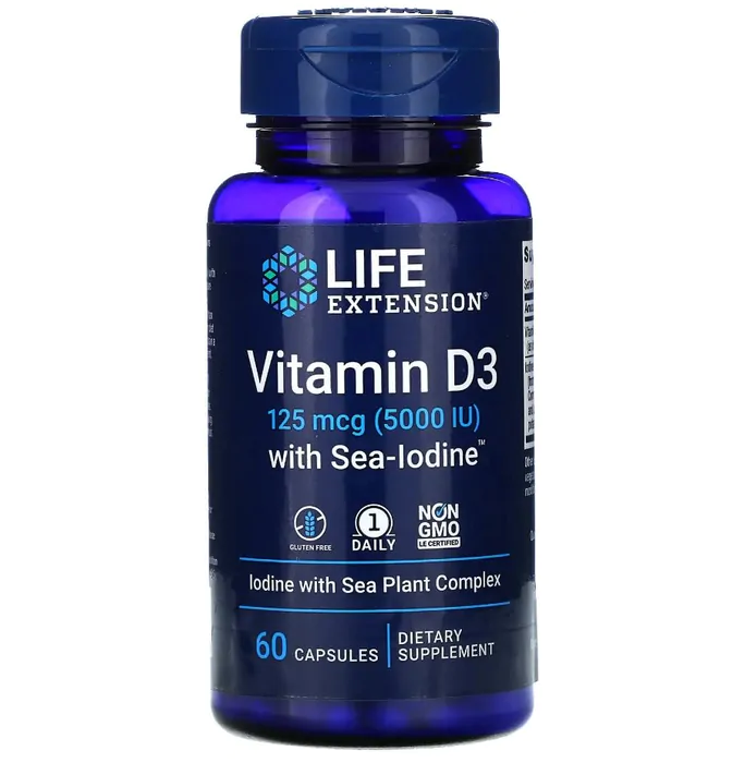 Vitaminas Vitamina D3 com Iodo Marinho · 125 mcg (5.000 UI) | 60 Cápsulas — Life Extension