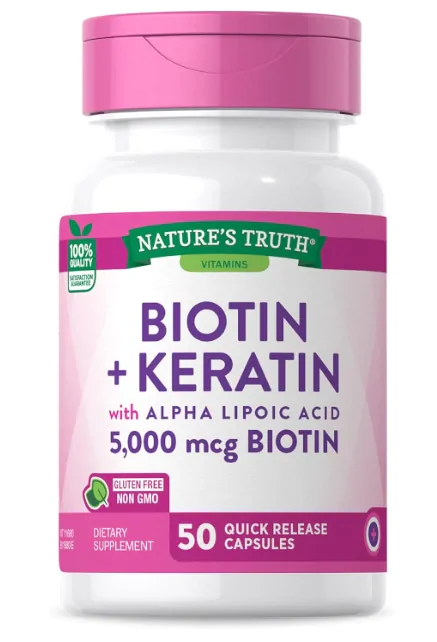 Vitaminas Biotina 5000mcg com Queratina e ácido alfalipóico — 50 cápsulas — Nature's Truth