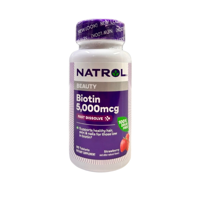Vitaminas Biotina · Força Extra | 5000mcg | 90 Comprimidos Sabor Morango — Natrol