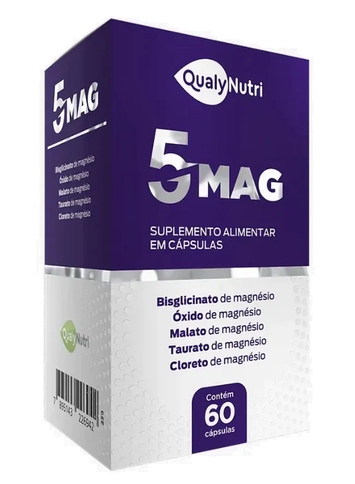 Vitaminas 5 Mag · Magnésio | óxido | Malato | Bisglicinato | Taurato e Cloreto de magnésio | 60 cápsulas — Qualynutri