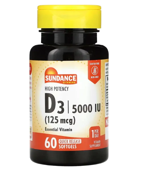 Vitaminas Vitamina D3 Alta Potência · 125mcg | 5000UI | 60 Cápsulas — Sundance