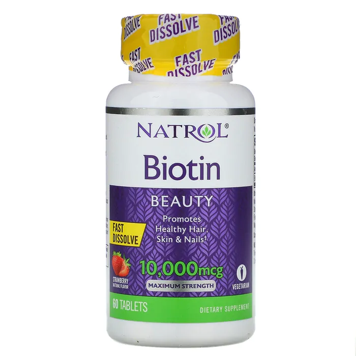 Vitaminas Biotina · Força Máxima | 10.000 mcg | 60 Comprimidos Morango — Natrol